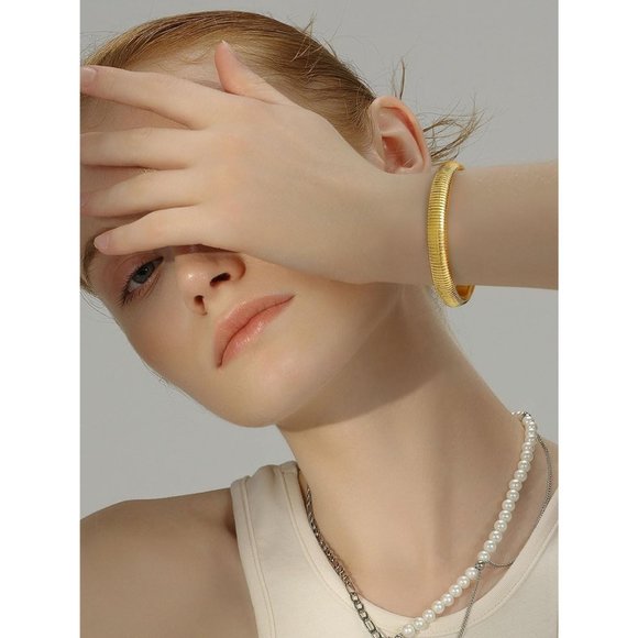 Women Gold Stainless Steel Stretch Flexible Wide Wristband Bangle Chain Bracelet - Picture 5 of 9